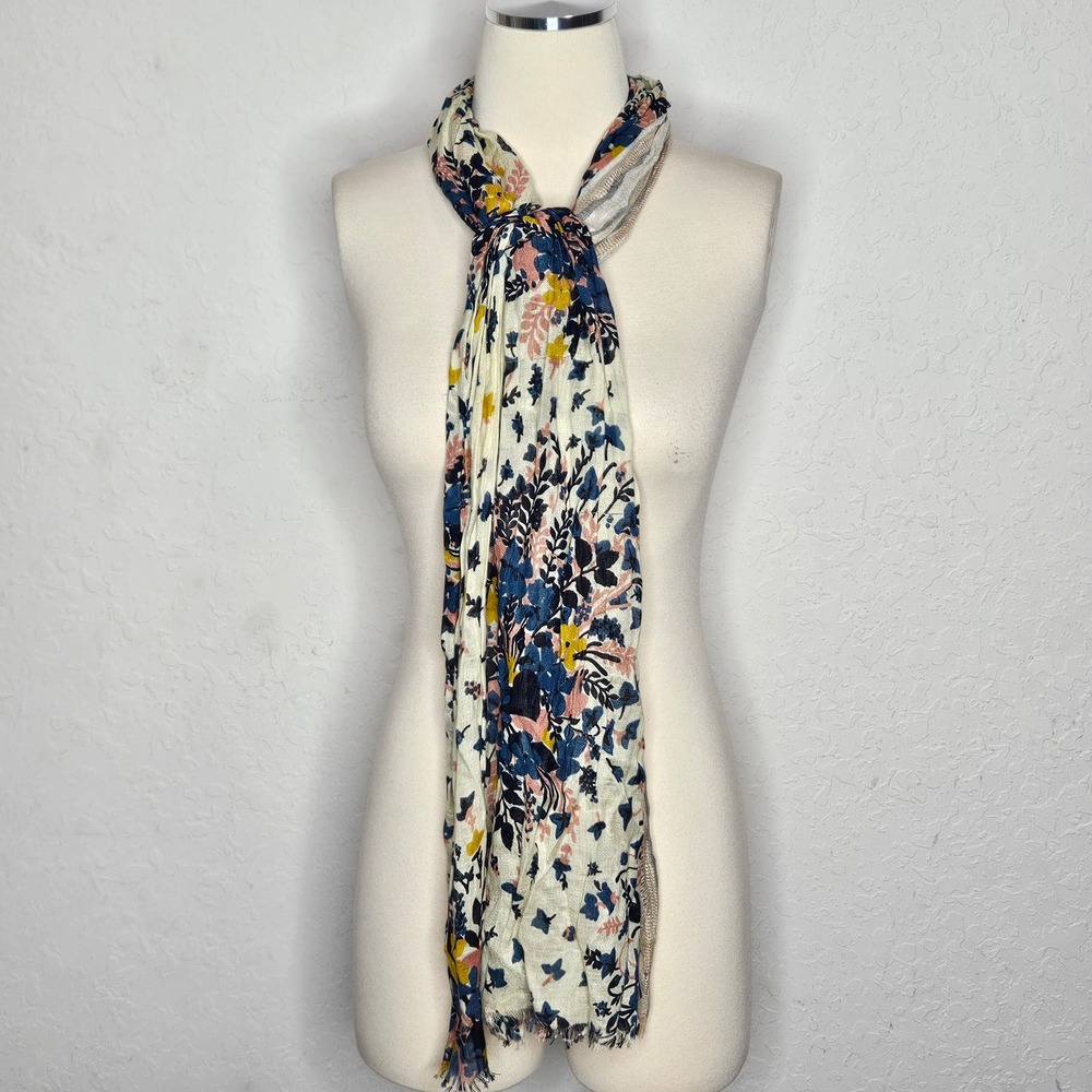 Ann Taylor LOFT Floral Scarf Cream Blue Pink Yellow Gauze Frayed Edge Boho Wrap